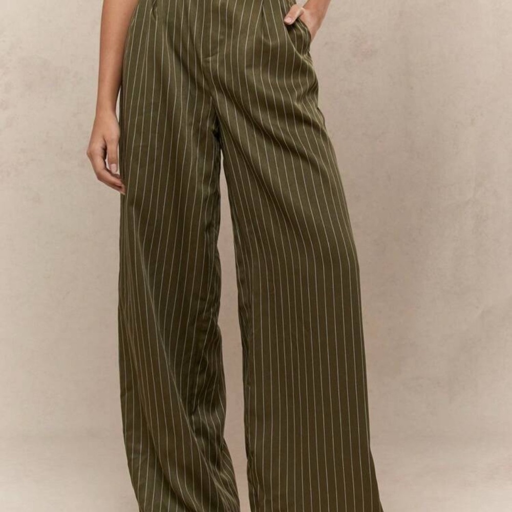 Missguided Olive Pinstripe Wide-Leg Pants